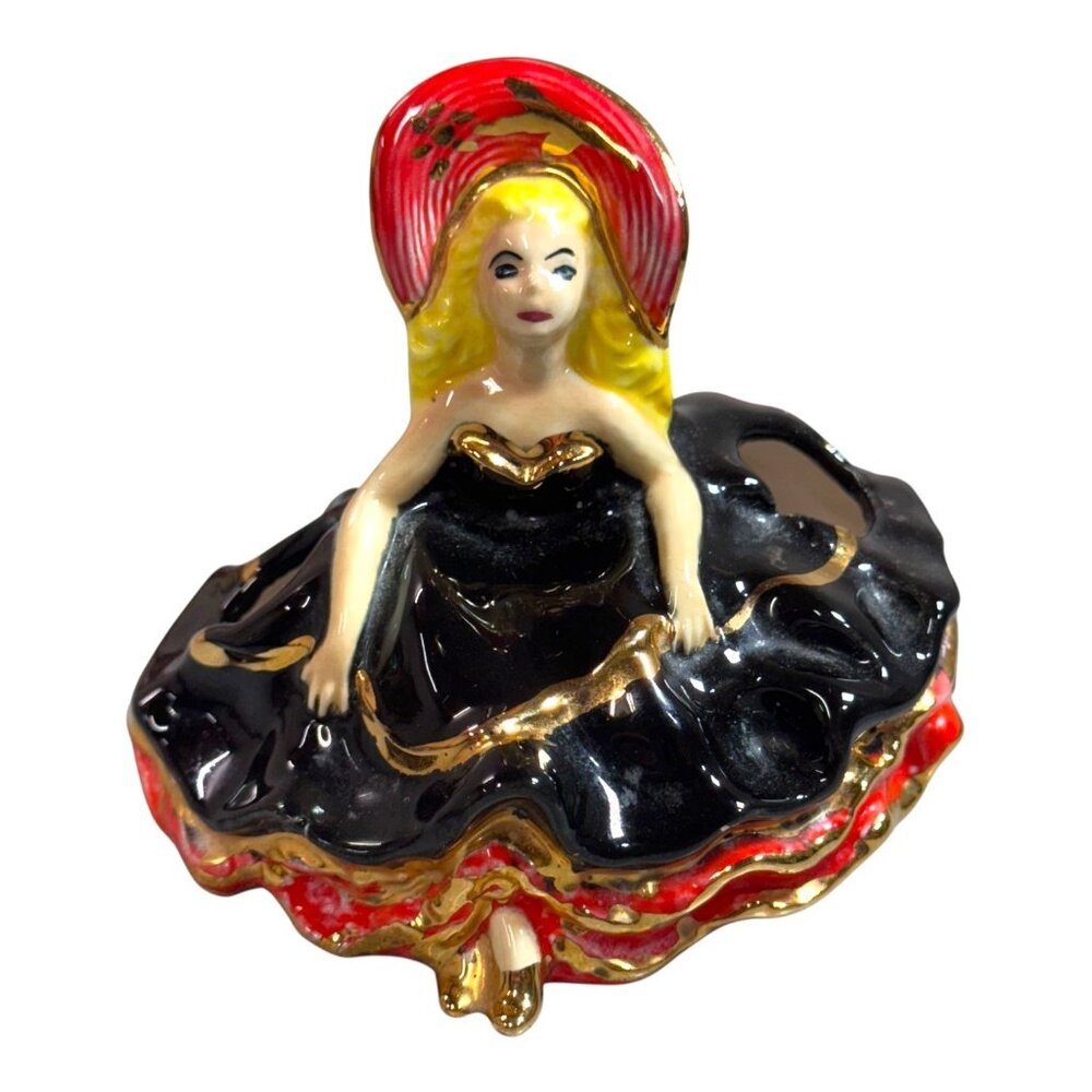 Hand Painted Ceramic Flamenco Dancer Flower Frog Lipstick Holder Mara Red Black